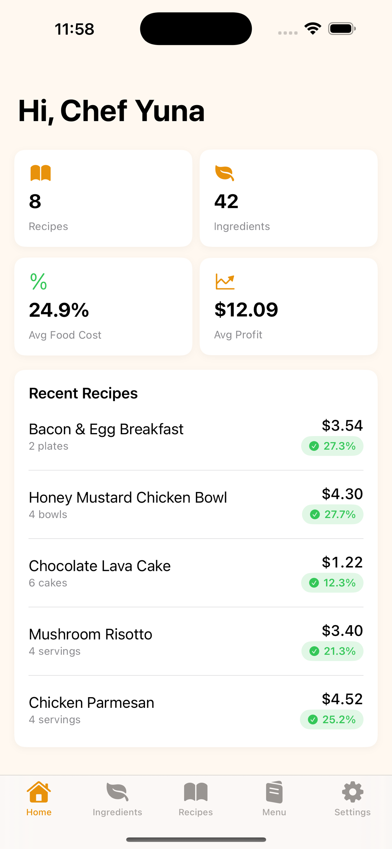 Dashboard showing recipe costs and margins
