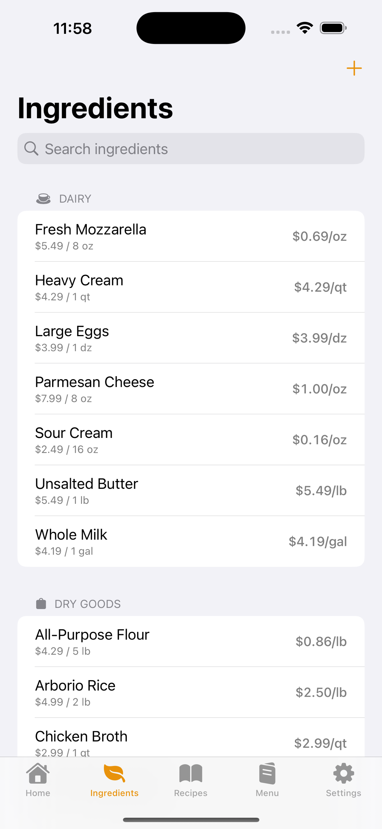 Ingredients list with unit pricing