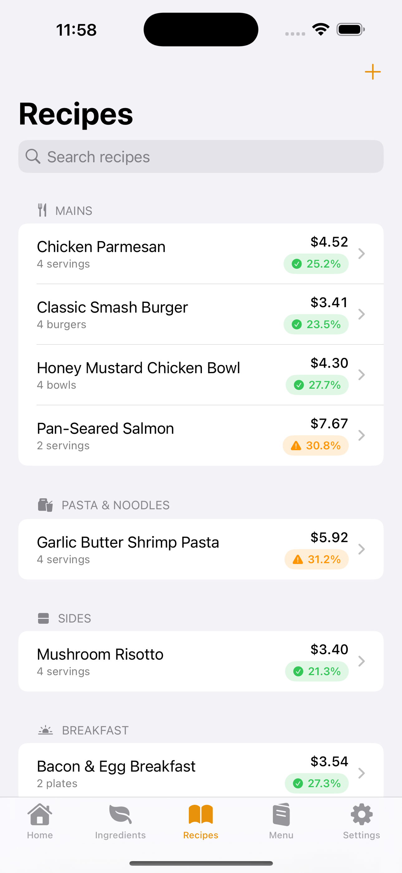Recipes organized by category with margin badges