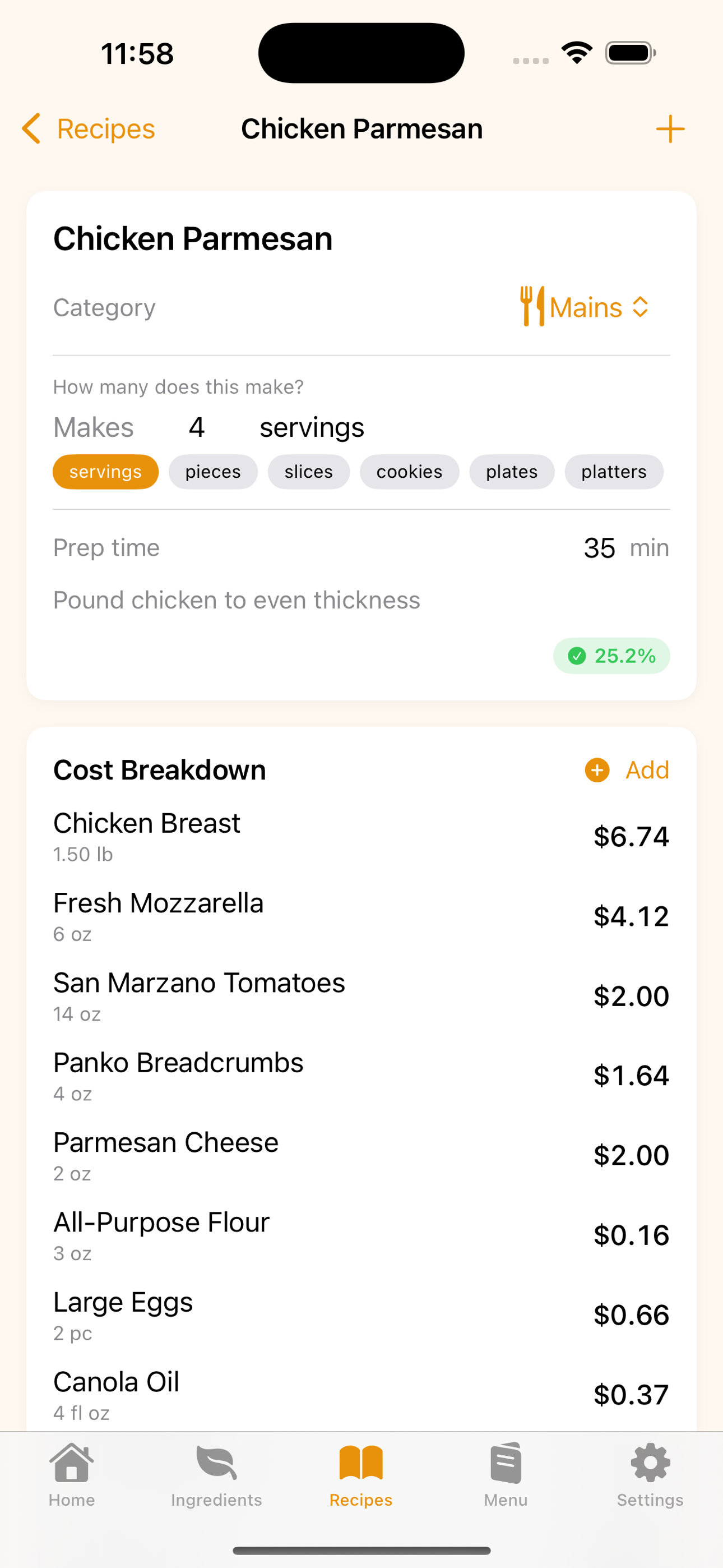 Recipe cost breakdown