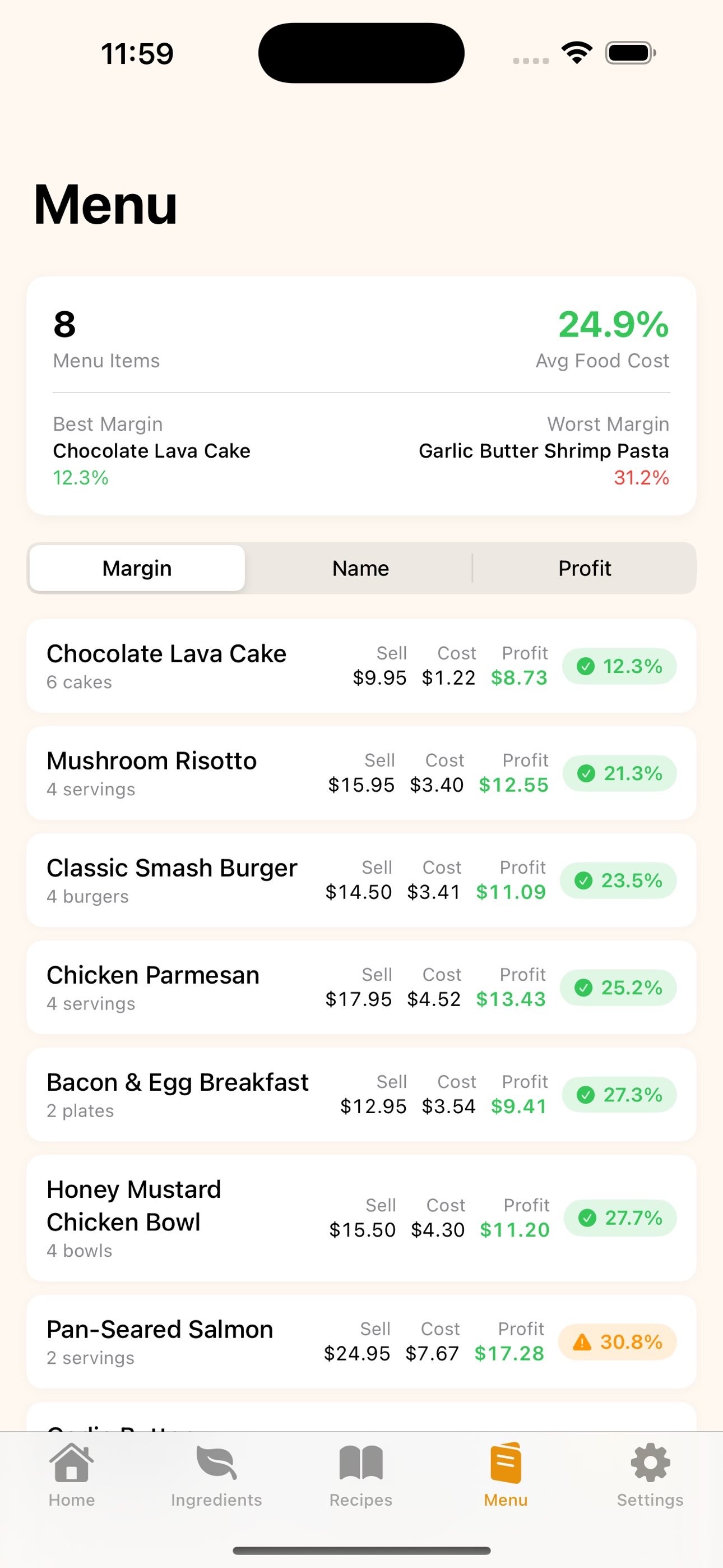 Menu view with profit analysis